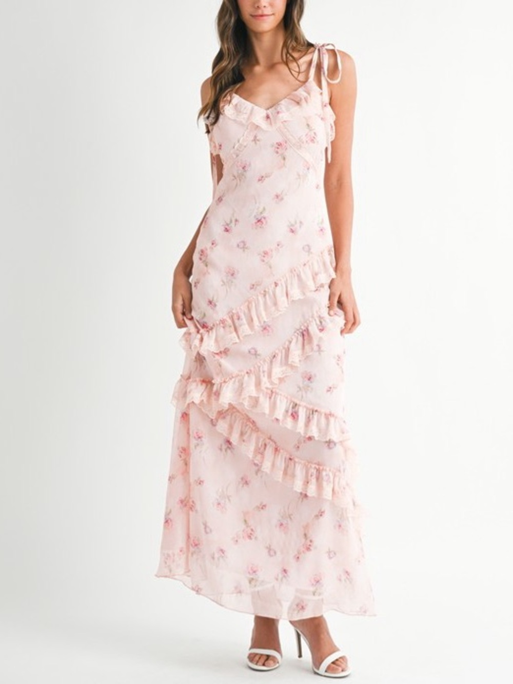 Blush Pink Floral Ruffle Maxi Dress – Cottagecore Romance Slip Gown